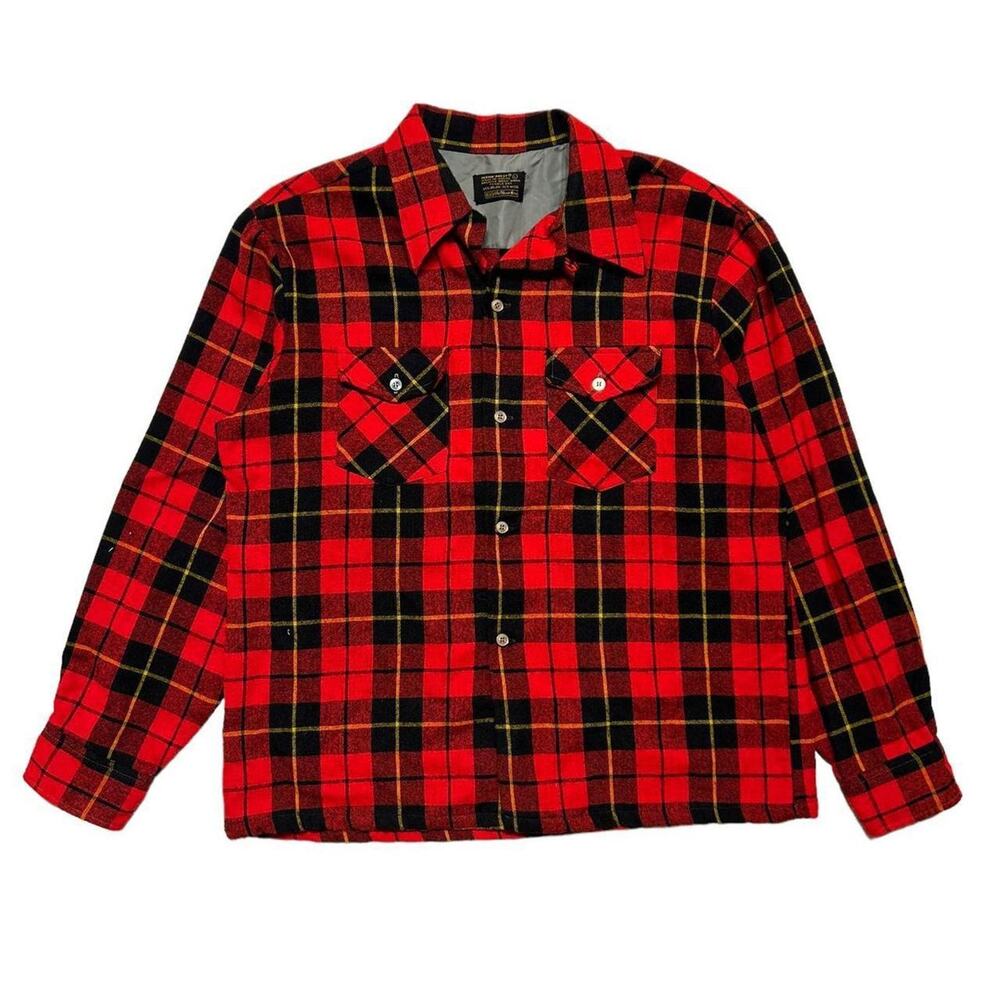 Sears Perma Prest Vintage 70s Wool Red Plaid Loop Collar Button Shirt Large